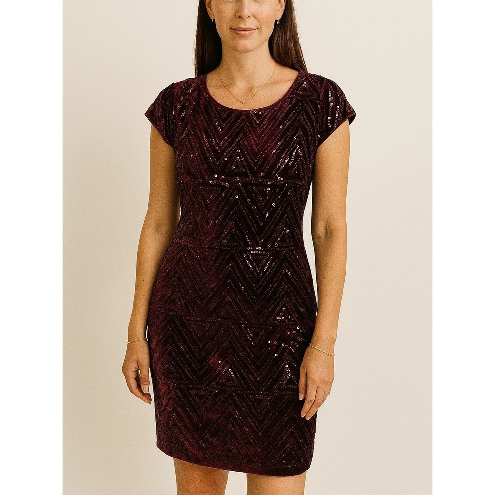 Eliza J Cocktail Dress Womens 8 Burgundy Red Velvet Sequin Geometric